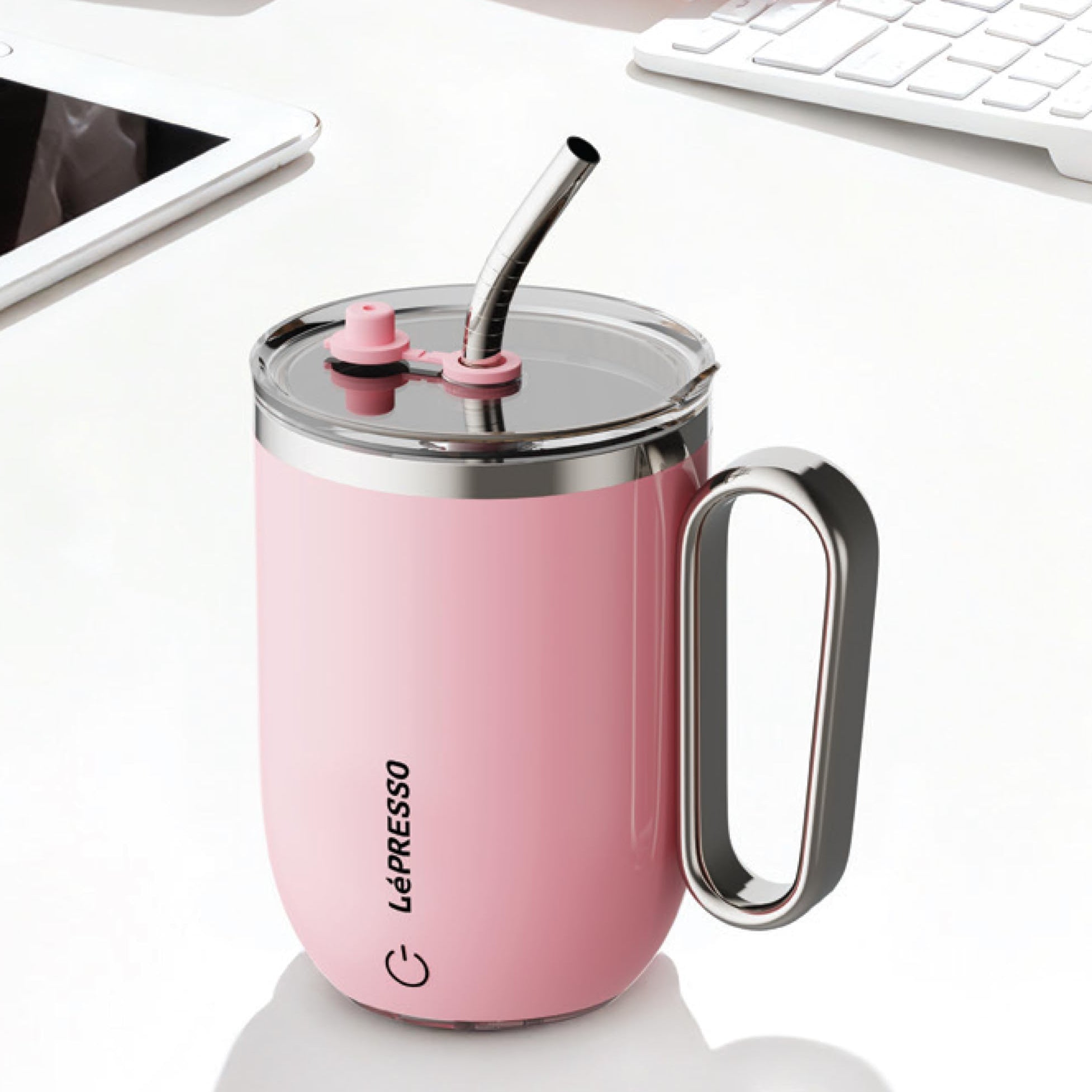 Lepresso pink magnetic auto stirring mug